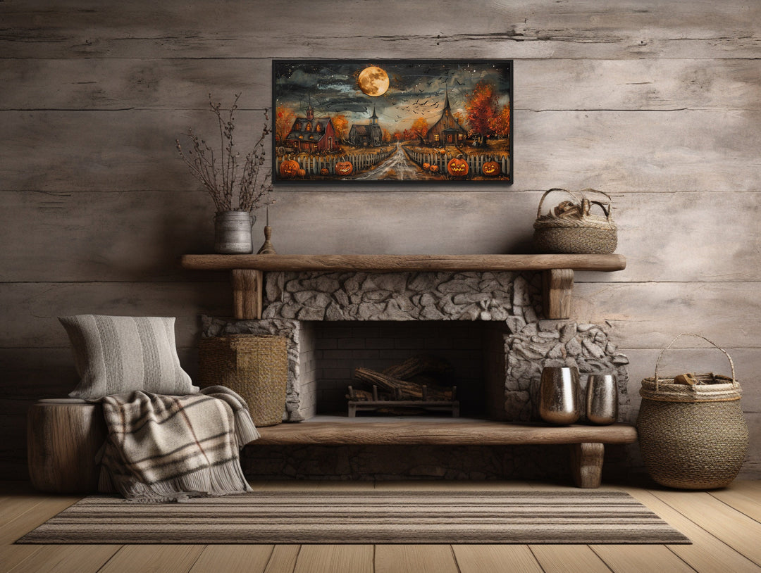 Cute Halloween Decorated Farm With Pumpkins, Bats, Full Moon Wall Art above fireplace