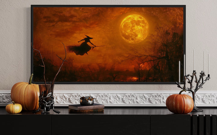 Witch Flying On Broom At Full Moon Landscape Halloween Wall Art above table