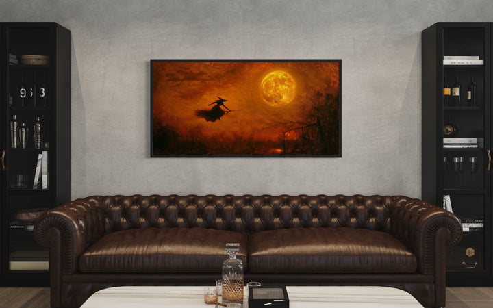 Witch Flying On Broom At Full Moon Landscape Halloween Wall Art in living room