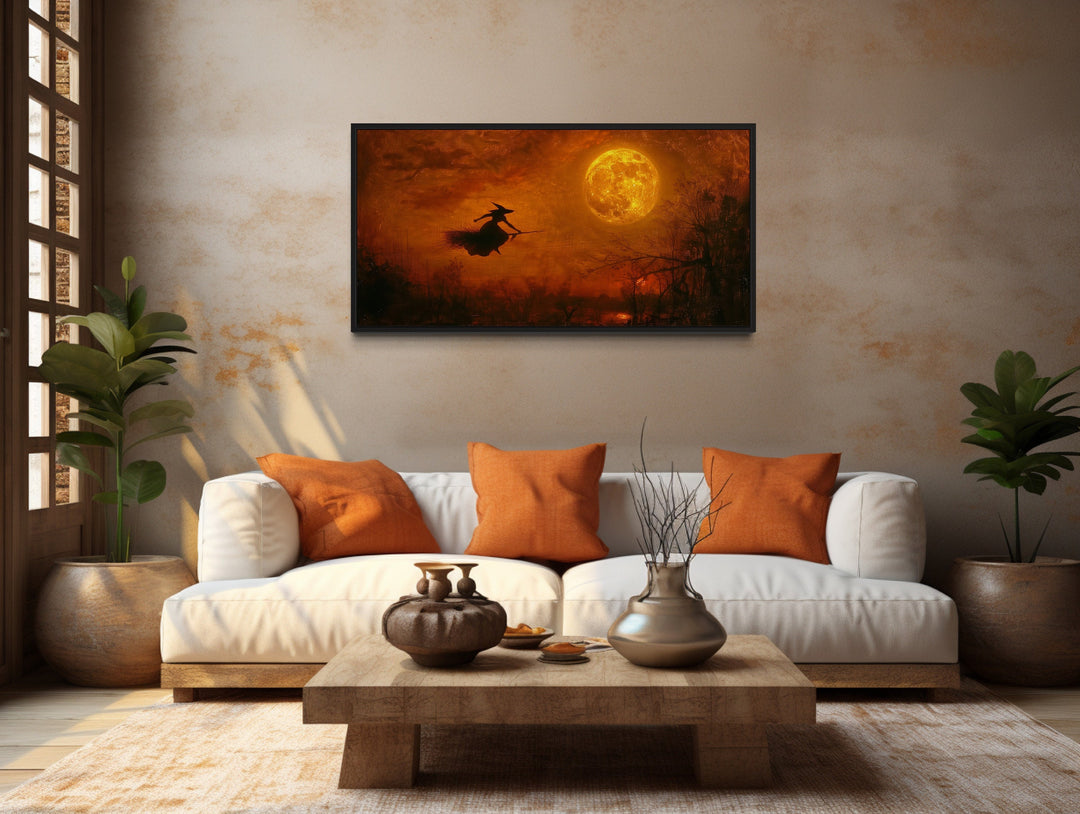 Witch Flying On Broom At Full Moon Landscape Halloween Wall Art in living room