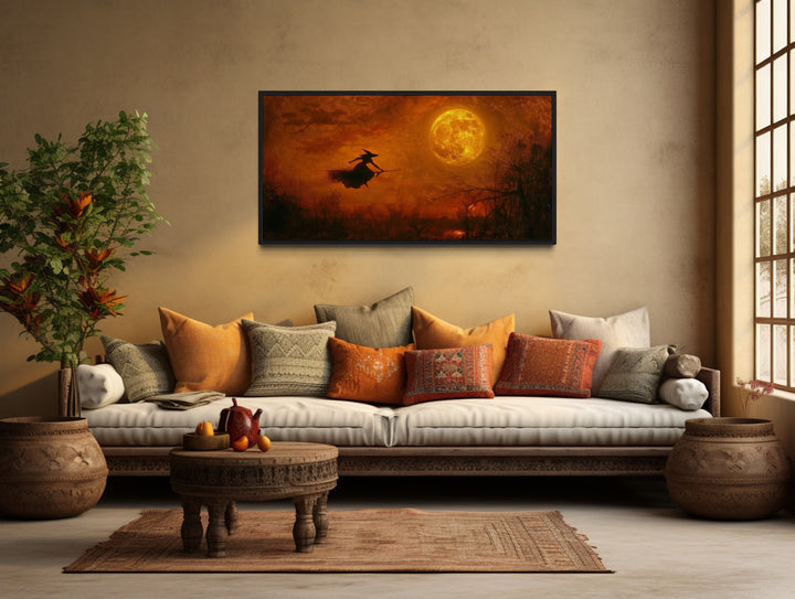 Witch Flying On Broom At Full Moon Landscape Halloween Wall Art