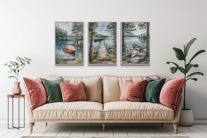 3 Piece Lake House Wall Art, Fishing Dock, Old Boat And Adirondack Chair in green room in living room