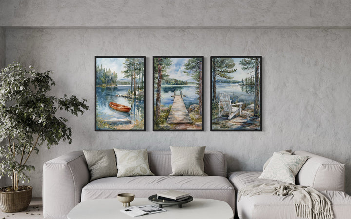 3 Piece Lake House Wall Art, Fishing Dock, Old Boat And Adirondack Chair in living room