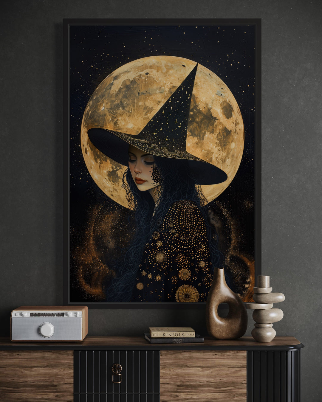 Celestial Witch With Full Moon And Starry Sky Halloween Wall Art in gothic room