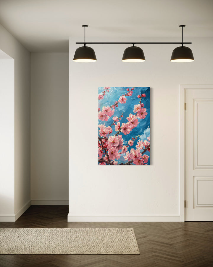 Cherry Blossom Sakura Branch Framed Canvas Wall Art in living room