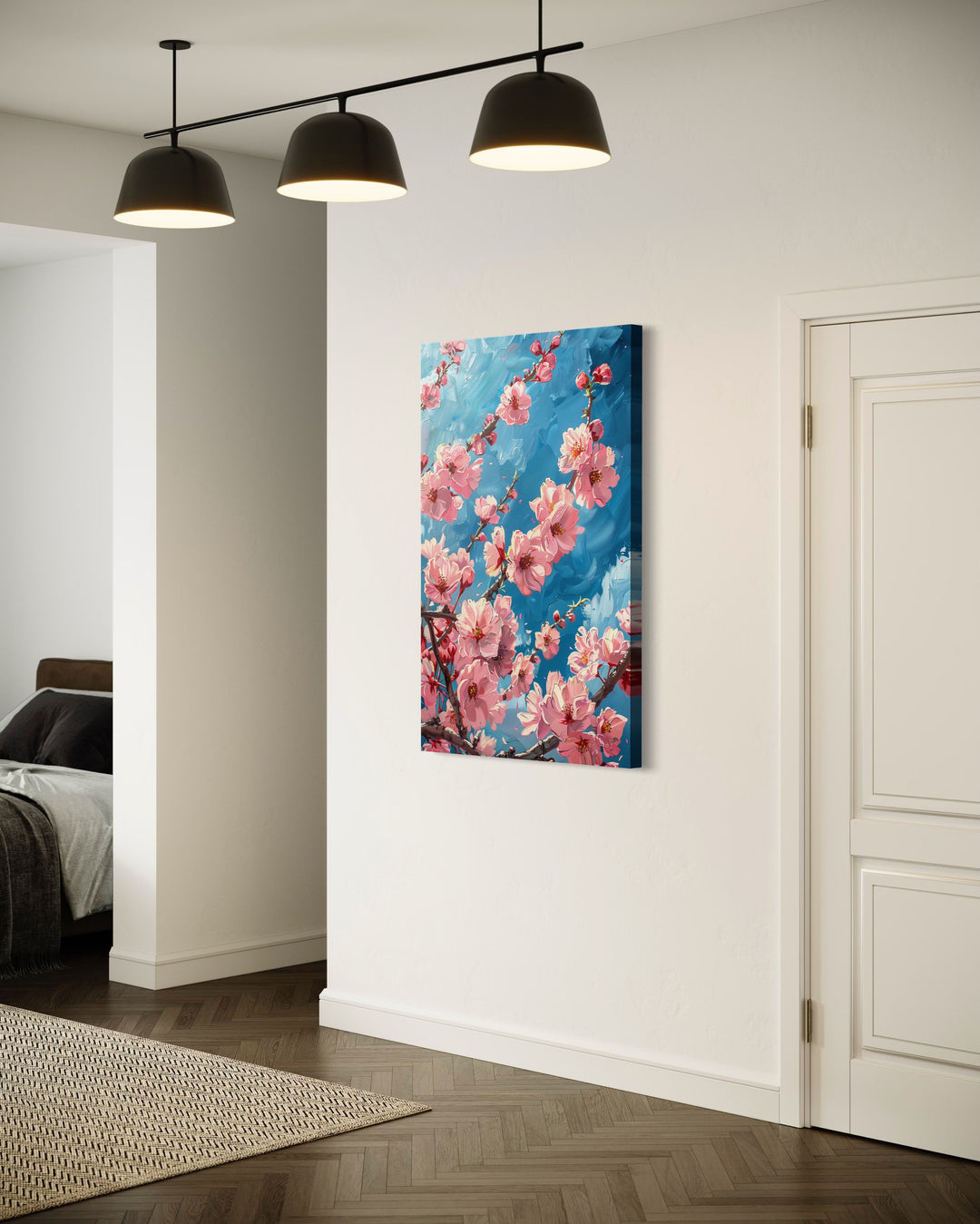 Cherry Blossom Sakura Branch Framed Canvas Wall Art side view in living room