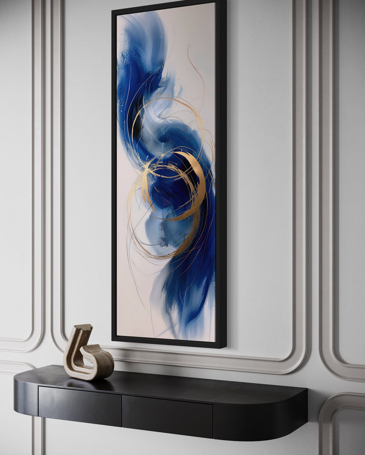 Vertical Tall Narrow Blue Gold White Abstract Living Room Wall Art side view