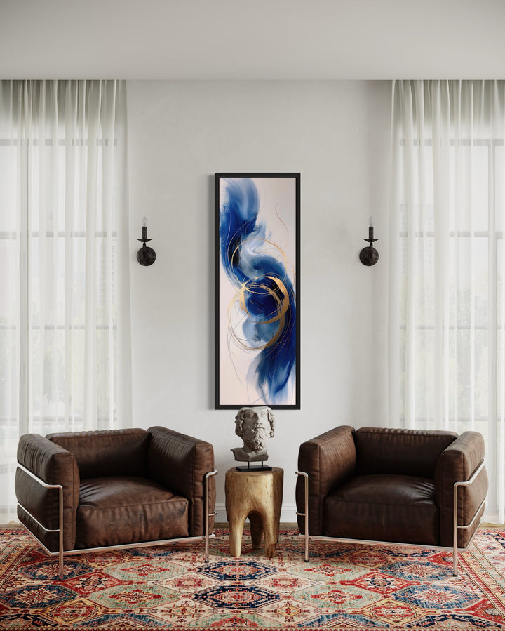 Vertical Tall Narrow Blue Gold White Abstract Living Room Wall Art between two armchairs