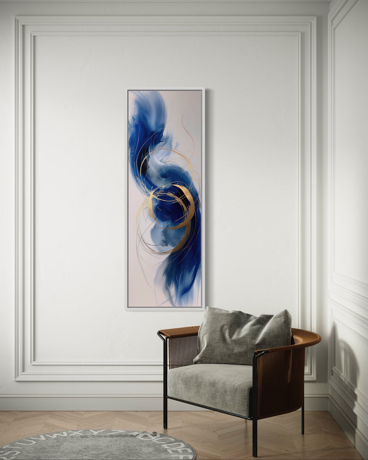 Vertical Tall Narrow Blue Gold White Abstract Living Room Wall Art behind armchair