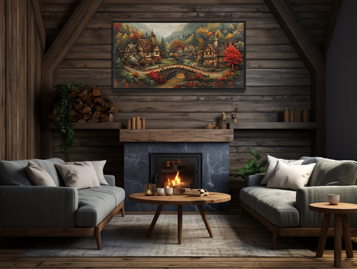 Whimsical Medieval Village With Tudor Houses Framed Canvas Wall Art above fireplace