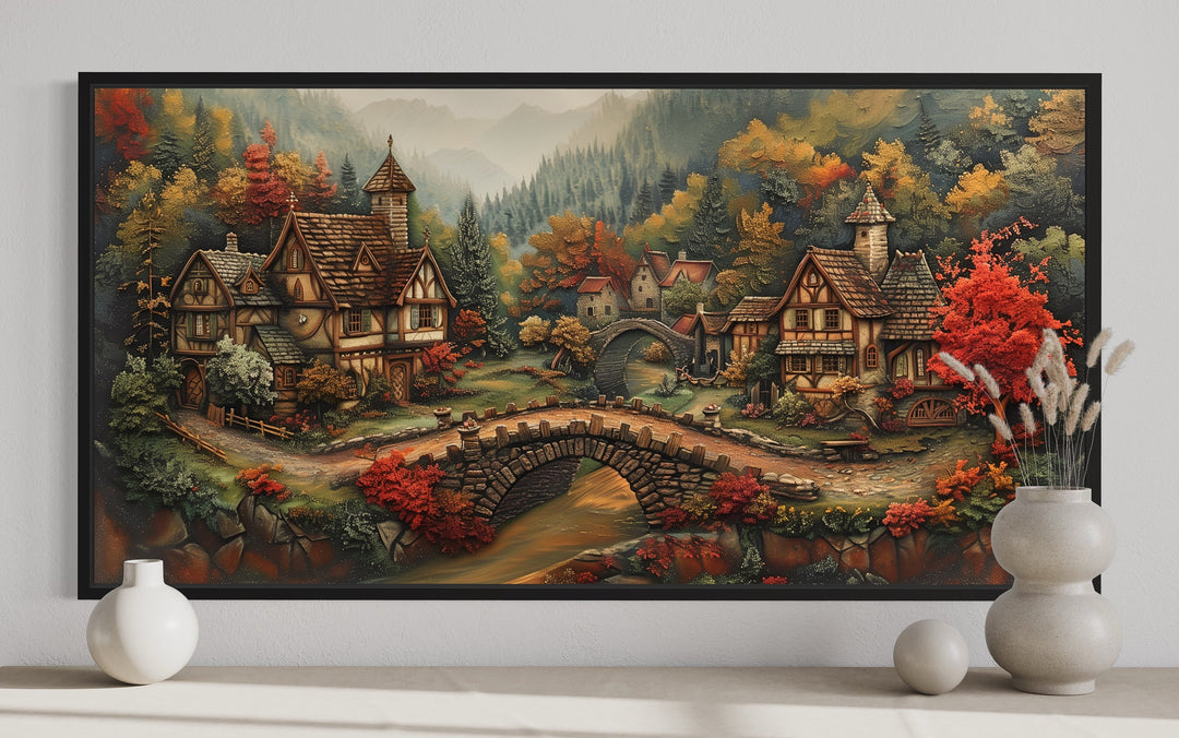 Whimsical Medieval Village With Tudor Houses Framed Canvas Wall Art close up