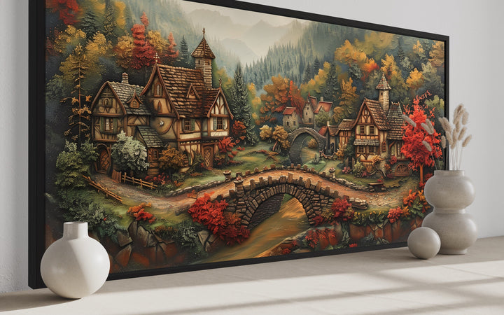 Whimsical Medieval Village With Tudor Houses Framed Canvas Wall Art side view