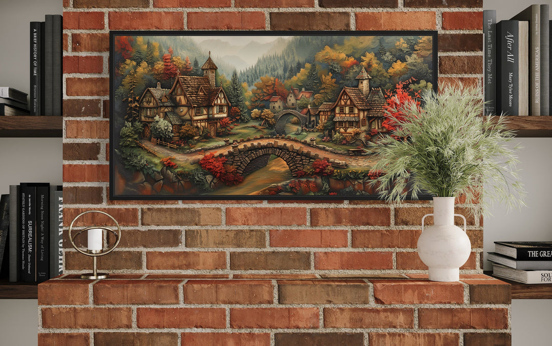 Whimsical Medieval Village With Tudor Houses Framed Canvas Wall Art on brick wall