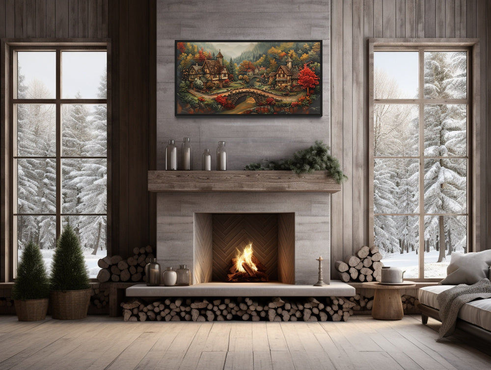 Whimsical Medieval Village With Tudor Houses Framed Canvas Wall Art above fireplace