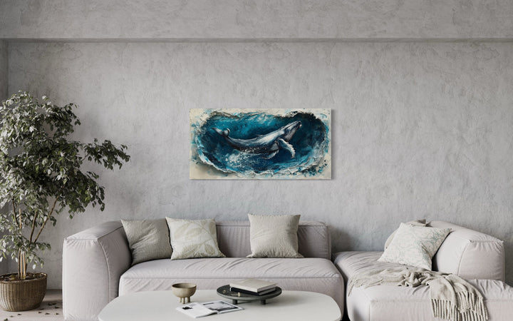 Humpback Whale In Ocean Wave Framed Canvas Wall Art in living room