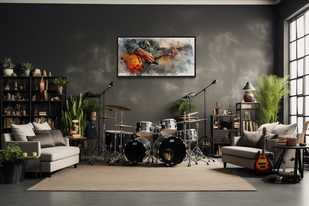 Hand Playing Guitar Watercolor Framed Canvas Wall Art in music room