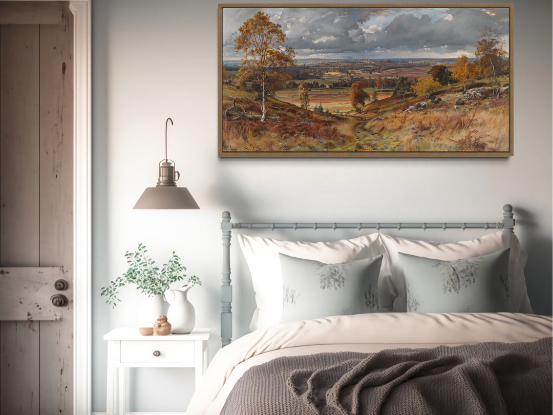 Antique Farm Landscape In Autumn Framed Canvas Wall Art in rustic bedroom