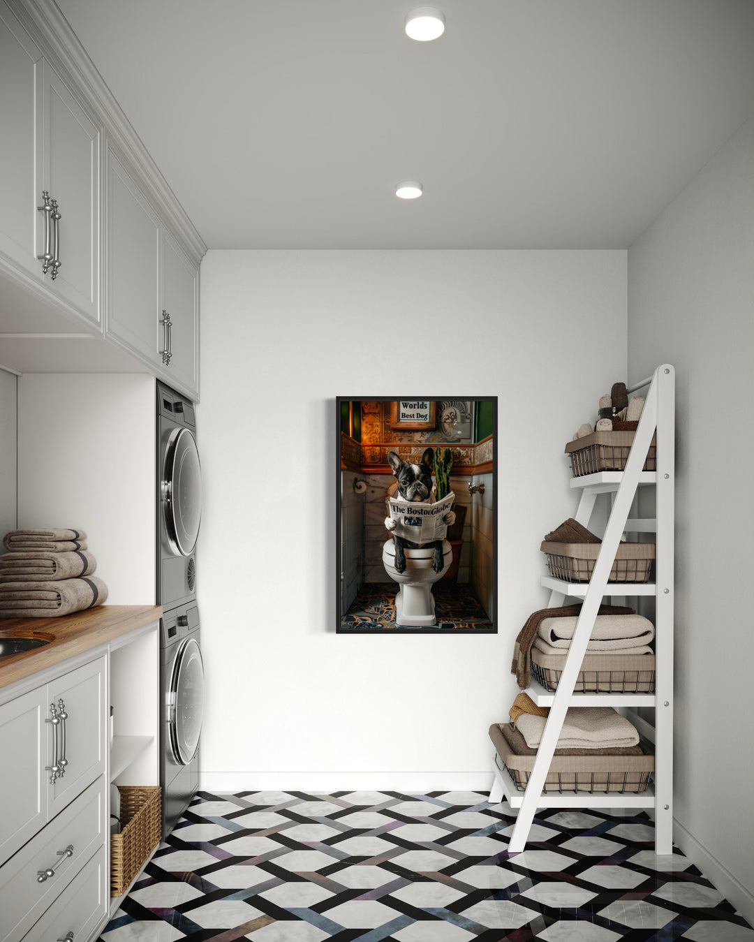 Boston Terrier On Toilet Reading Newspaper Framed Canvas Wall Art in laundry room