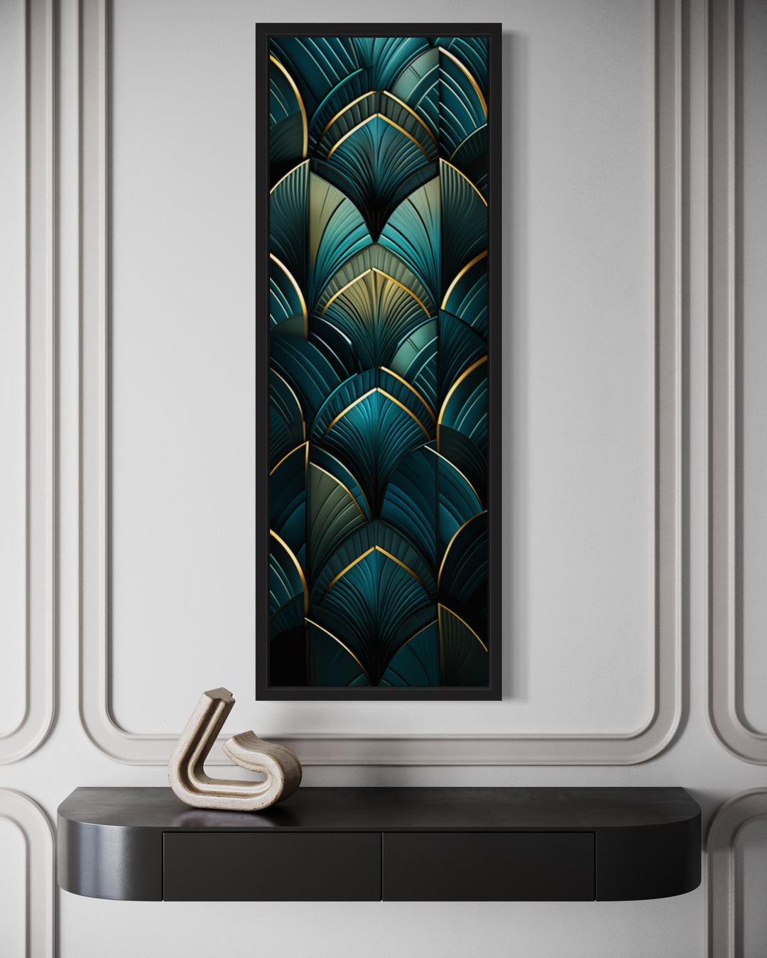 Vertical Art Deco Tall Narrow Gold Black Green Wall Art close up