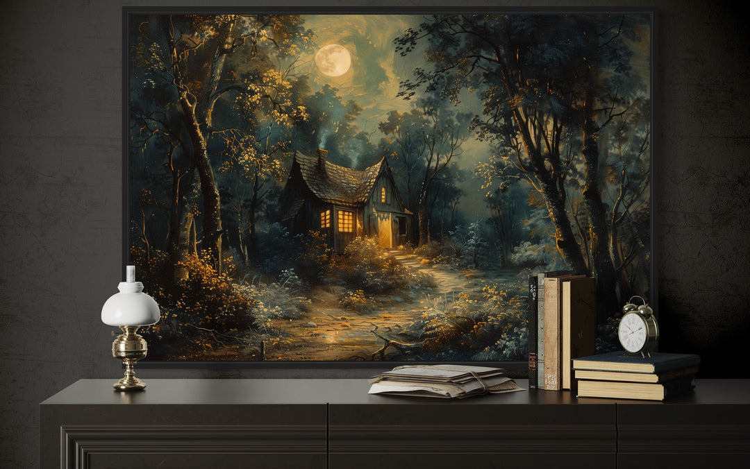 Haunted Cabin In The Forest Under Full Moon Framed Halloween Wall Art close up