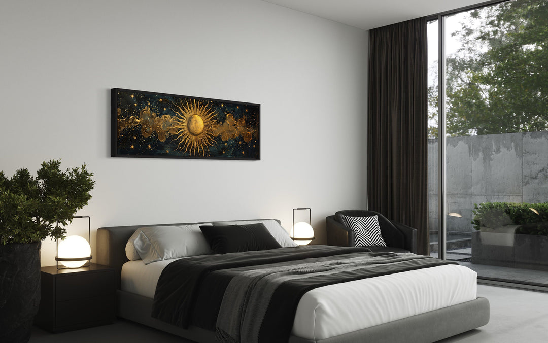 Black and Gold Sun Long Narrow Horizontal Framed Canvas Wall Art in bedroom