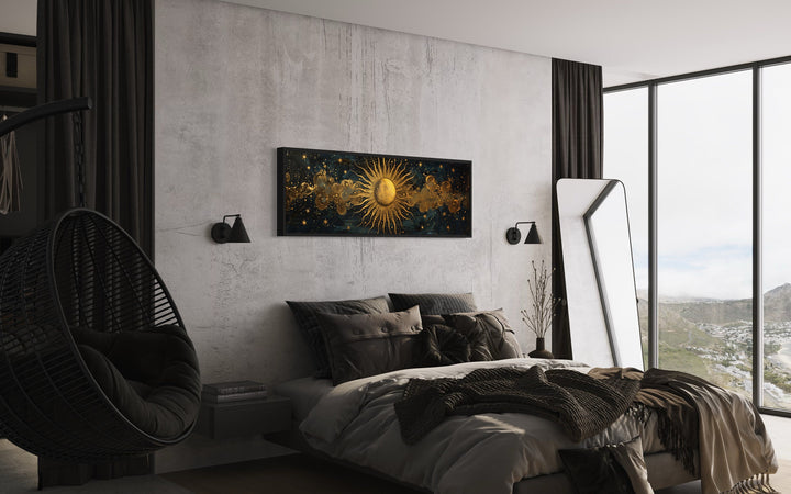 Black and Gold Sun Long Narrow Horizontal Framed Canvas Wall Art above bed