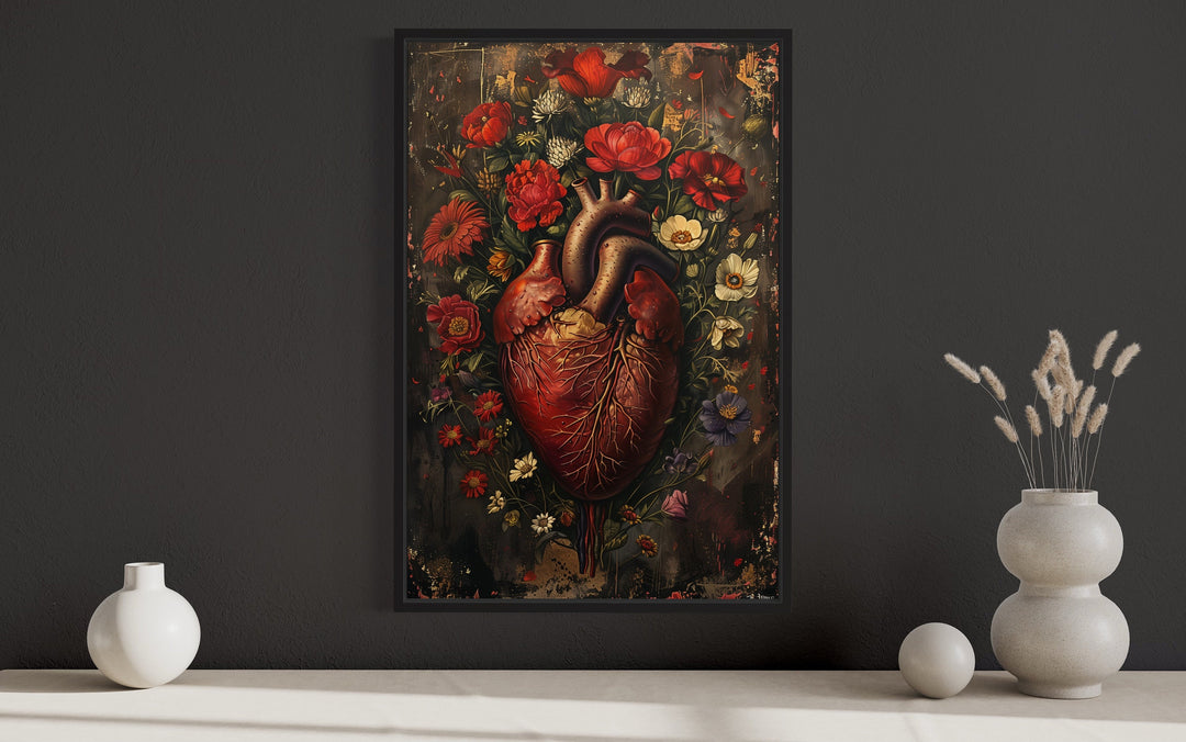 Gothic Human Heart And Flowers Framed Halloween Wall Art close up