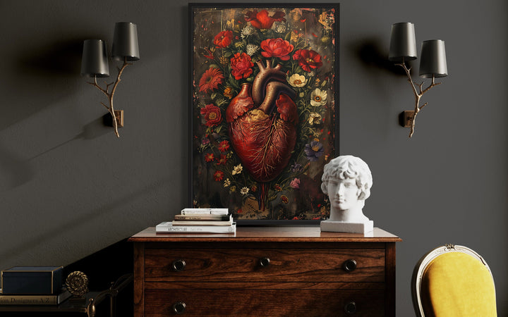 Gothic Human Heart And Flowers Framed Halloween Wall Art in dark room