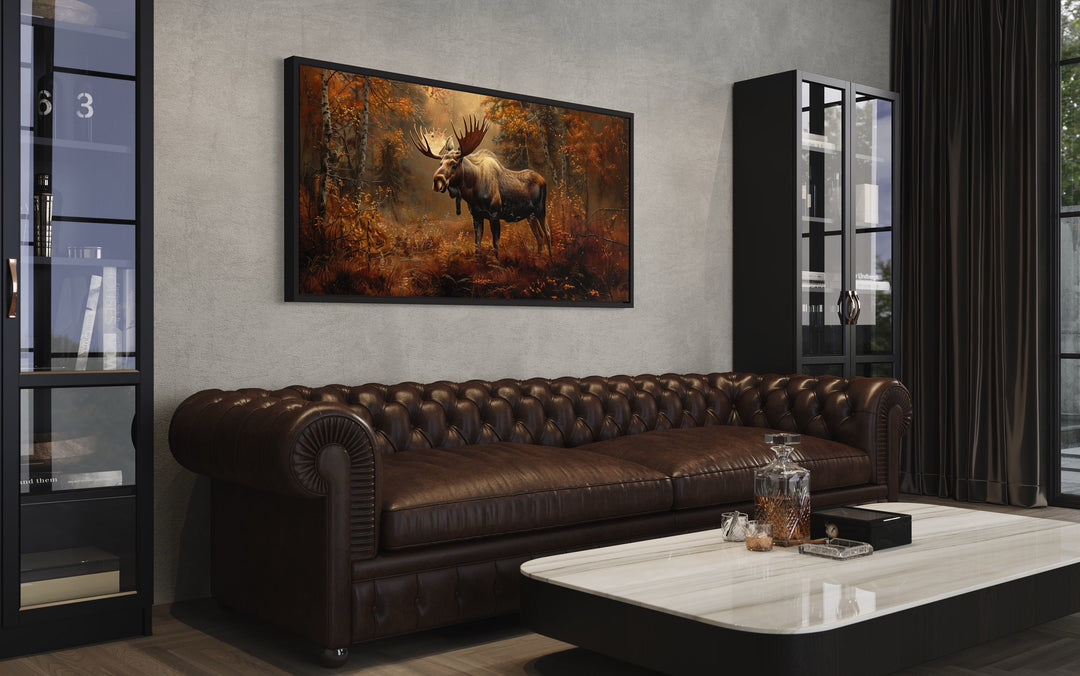 Moose in Autumn Forest Framed Canvas Wall Art in man cave