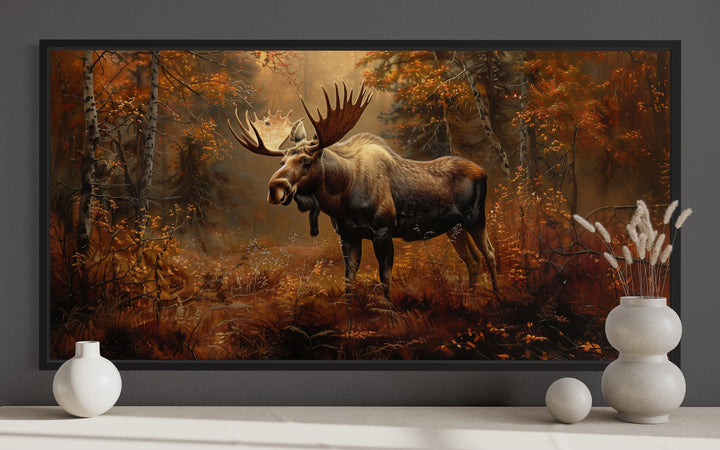 Moose in Autumn Forest Framed Canvas Wall Art close up