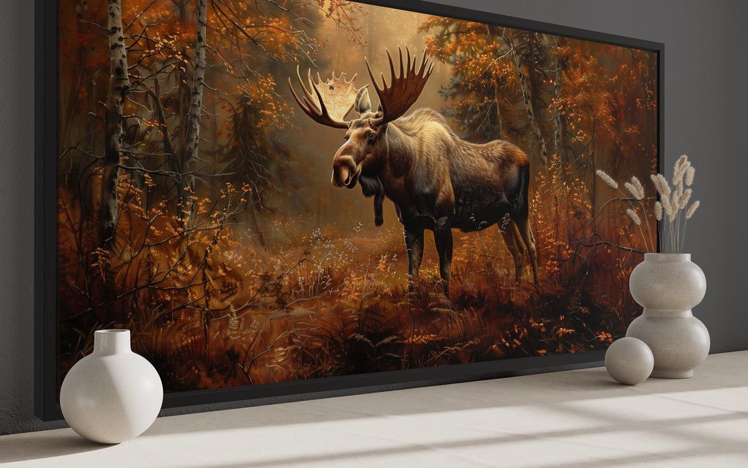 Moose in Autumn Forest Framed Canvas Wall Art side view