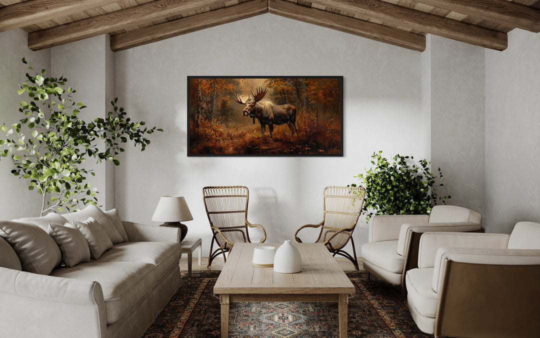 Moose in Autumn Forest Framed Canvas Wall Art in rustic room