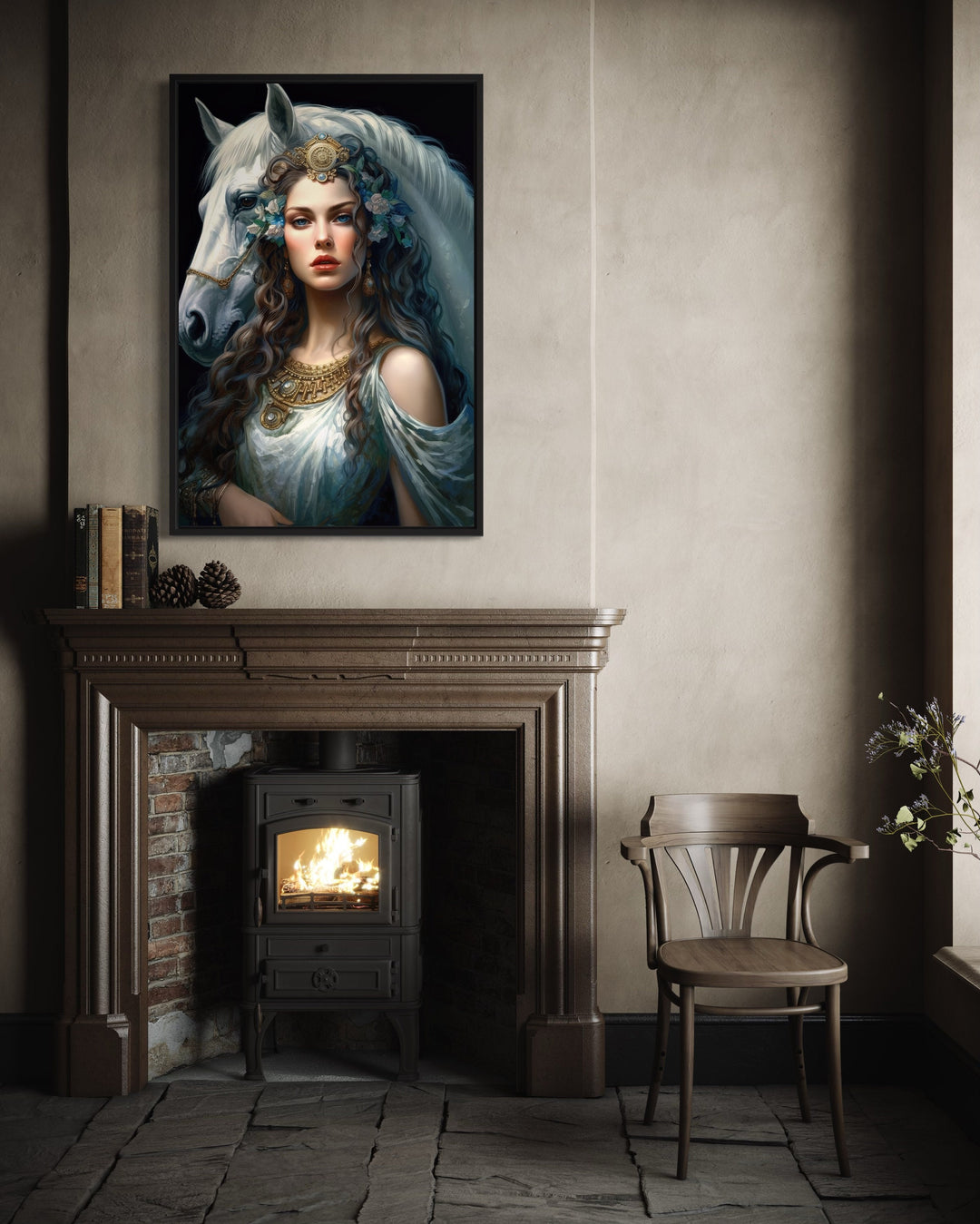 Epona Celtic Goddess of Horses, Fertility, Abundance Framed Canvas Wall Art above fireplace