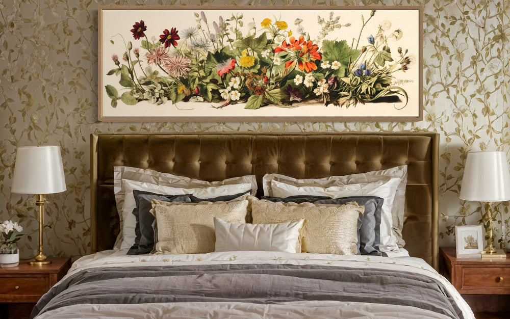 Vintage Botanical Watercolor Wildflowers Above Bed Wall Art above antique bed