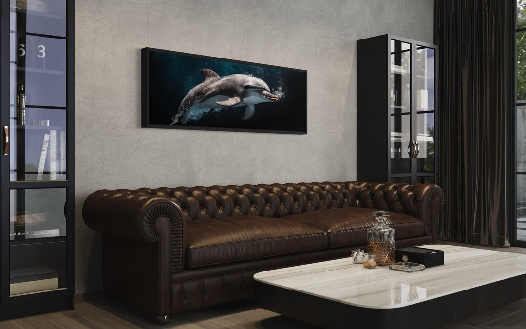 Dolphin Under Water Framed Horizontal Canvas Wall Art in man cave