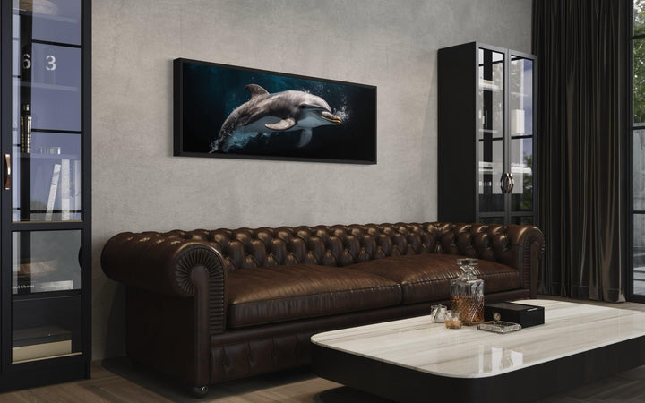 Dolphin Under Water Framed Horizontal Canvas Wall Art in man cave