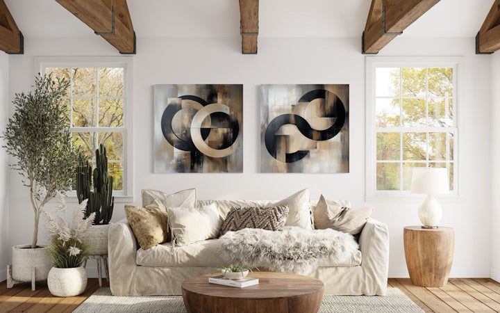 Set of 2 Black Beige Gold Abstract Geometric Square Living Room Wall Art above beige couch