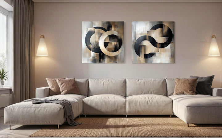 Set of 2 Black Beige Gold Abstract Geometric Square Living Room Wall Art