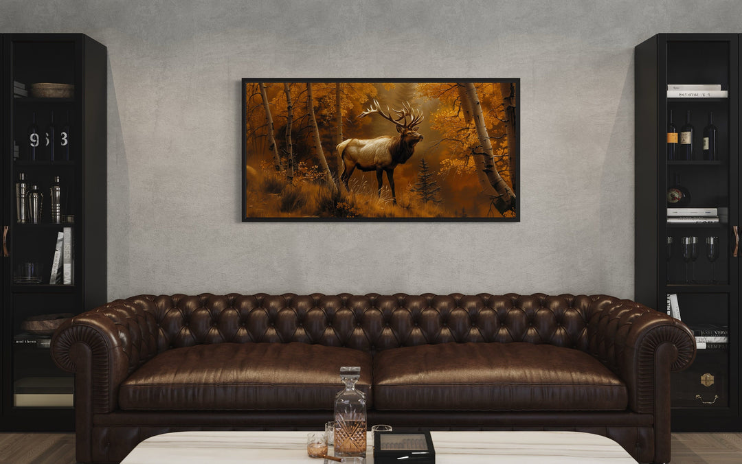 Elk in Autumn Forest Framed Canvas Wall Art in living room