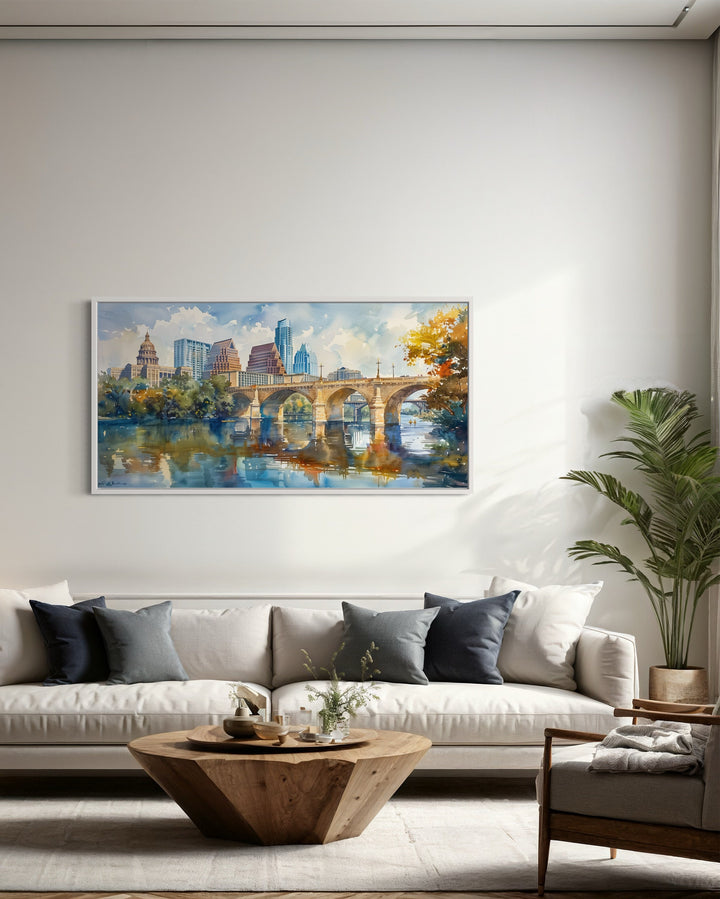 Austin Skyline With Bridge Watercolor Framed Canvas Wall Art in living room