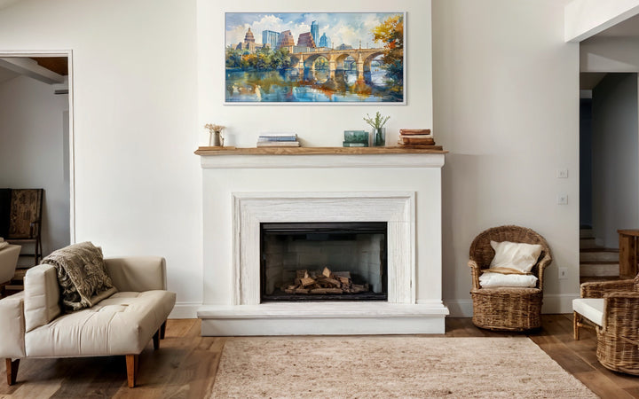 Austin Skyline With Bridge Watercolor Framed Canvas Wall Art above mantel