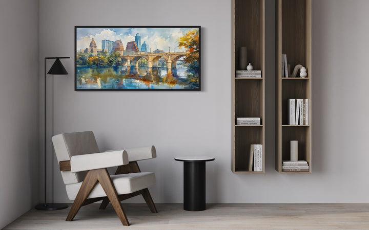 Austin Skyline With Bridge Watercolor Framed Canvas Wall Art in library