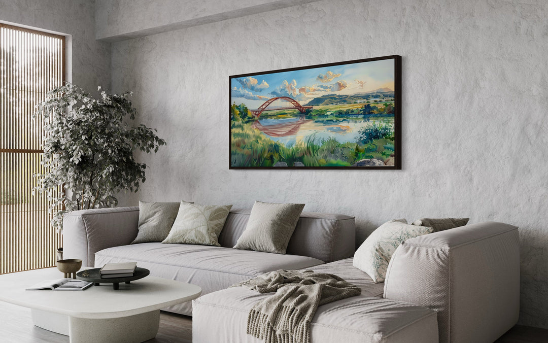 Pennybacker Bridge Watercolor Painting Austin Texas Wall Art in living room