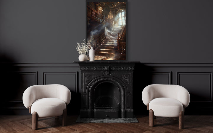 Ghost On Stairs in Haunted Mansion Gothic Halloween Wall Art above fireplace