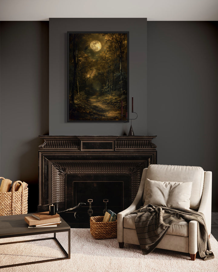 Dark Moonlit Gothic Forest Framed Halloween Wall Art above mantel