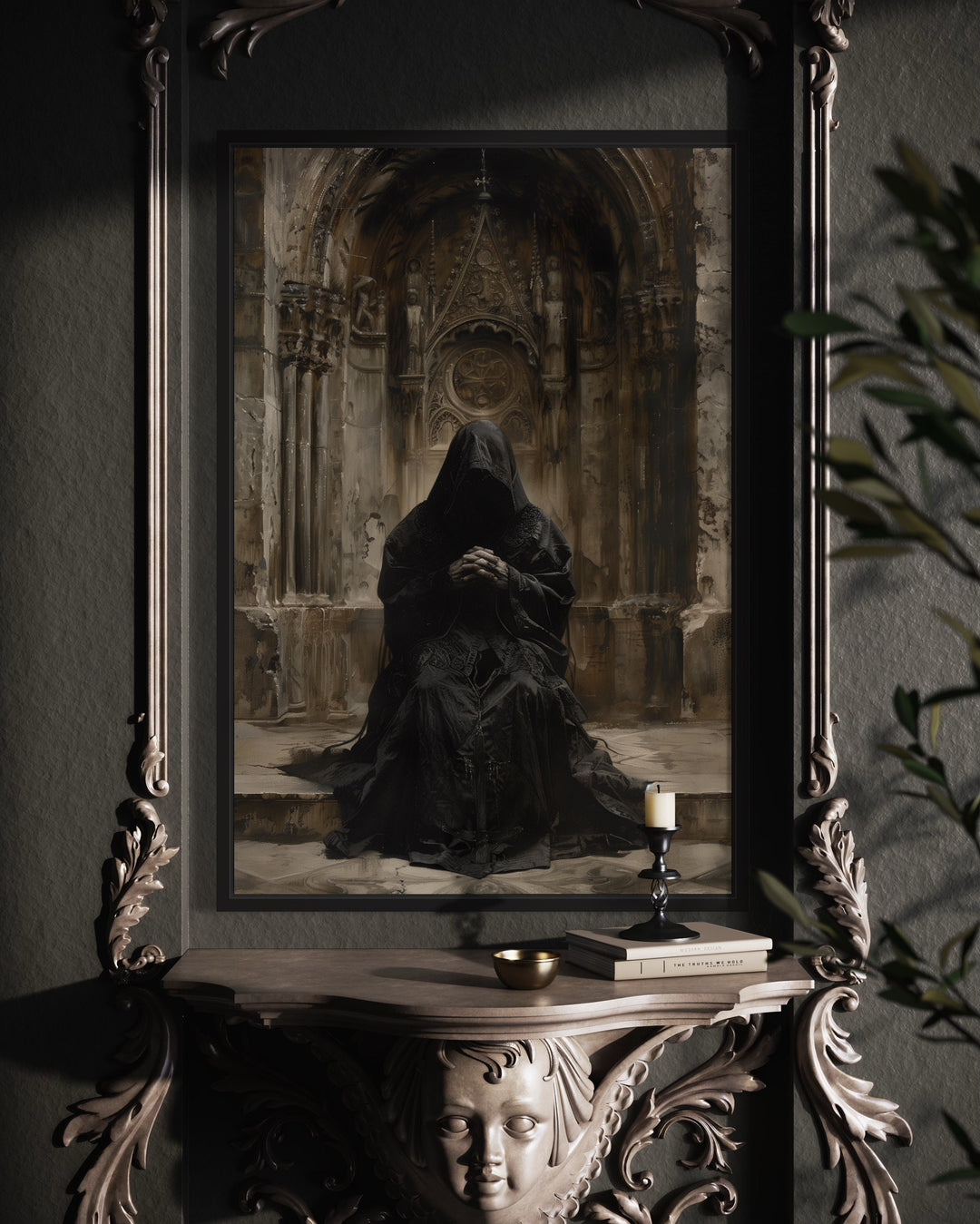 Gothic Medieval Hooded Monk Renaissance Priest Praying Halloween Wall Art in gothic room