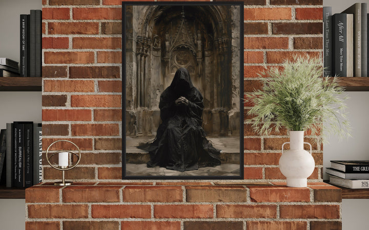 Gothic Medieval Hooded Monk Renaissance Priest Praying Halloween Wall Art on brick wall