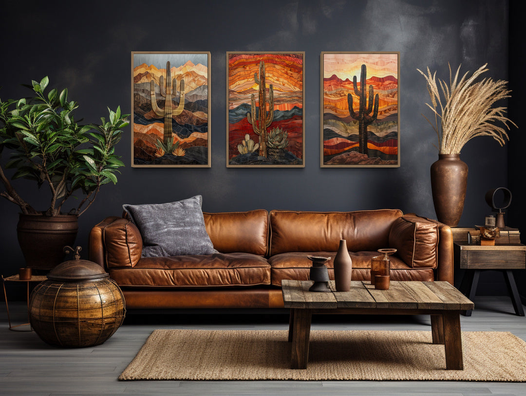 Set of 3 Southwestern Saguaro Cactus in Arizona Desert Wall Art in dark room