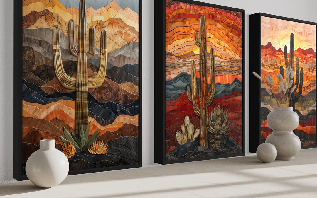 Set of 3 Southwestern Saguaro Cactus in Arizona Desert Wall Art side view