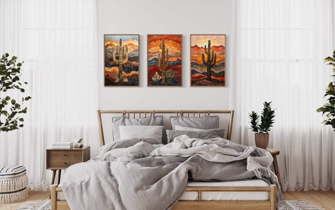 Set of 3 Southwestern Saguaro Cactus in Arizona Desert Wall Art above bed